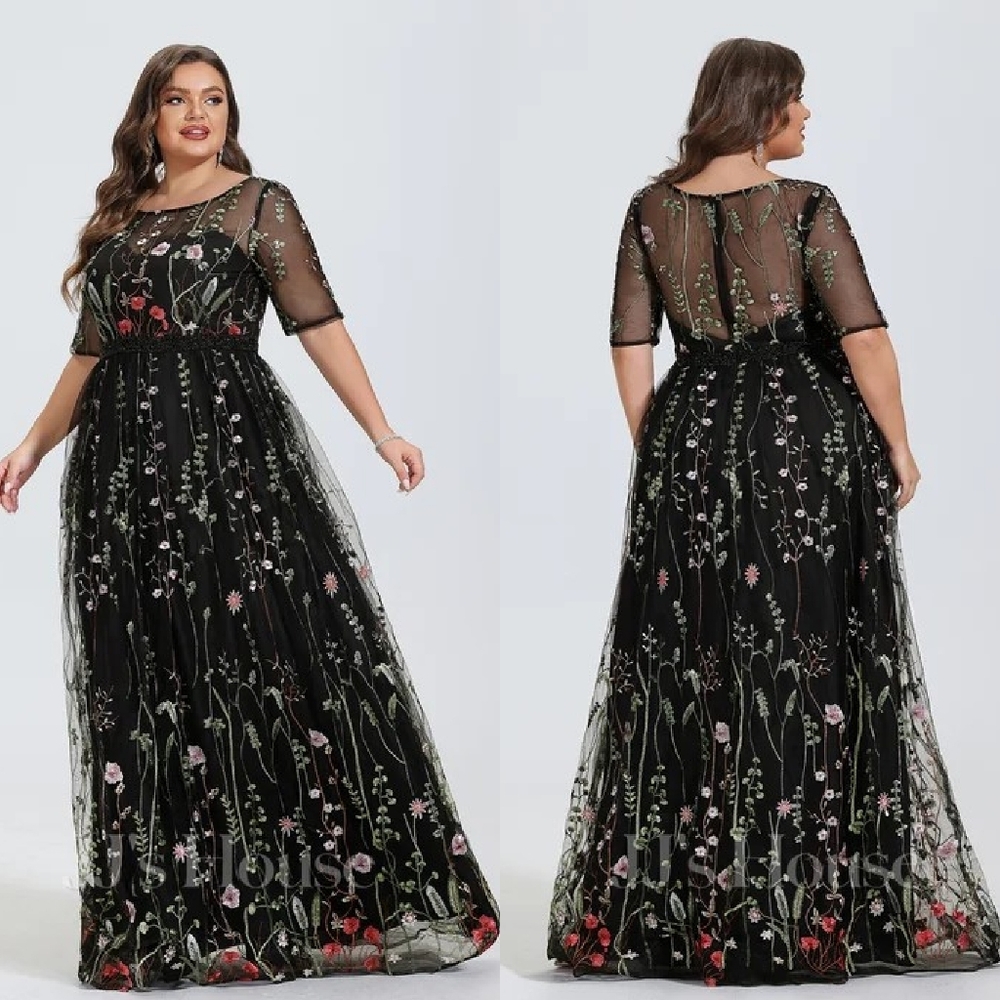 JJ's House A-line Illusion Scoop Floor Length Lace Black Floral Evening Dress